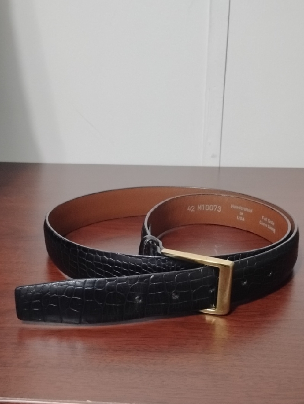 Men's Black‎ Croc-Embossed Leather Belt with Gold Buckle